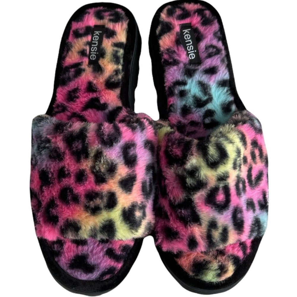 🌹Women’s Size M 8 Kensie Faux Fur Slides Memory Foam Rainbow Leopard